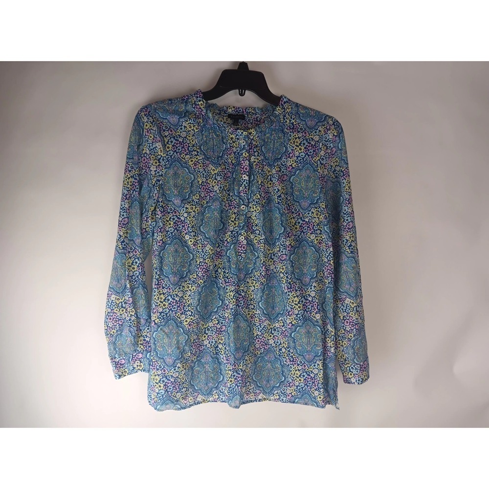 Talbots Womens Blouse Blue Floral V Neck 1/4 Button Long Sleeve Pullover Large